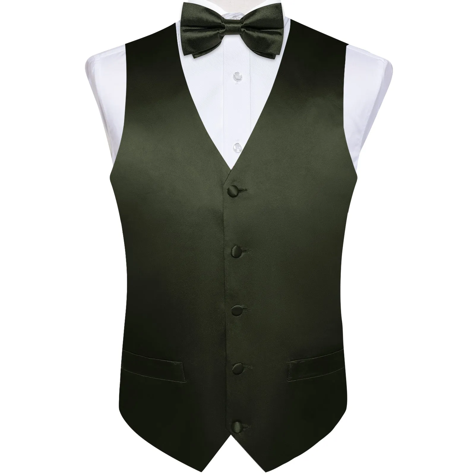 OliveDrab Green Solid Silk Men's Vest Hanky Cufflinks Bow Tie Set