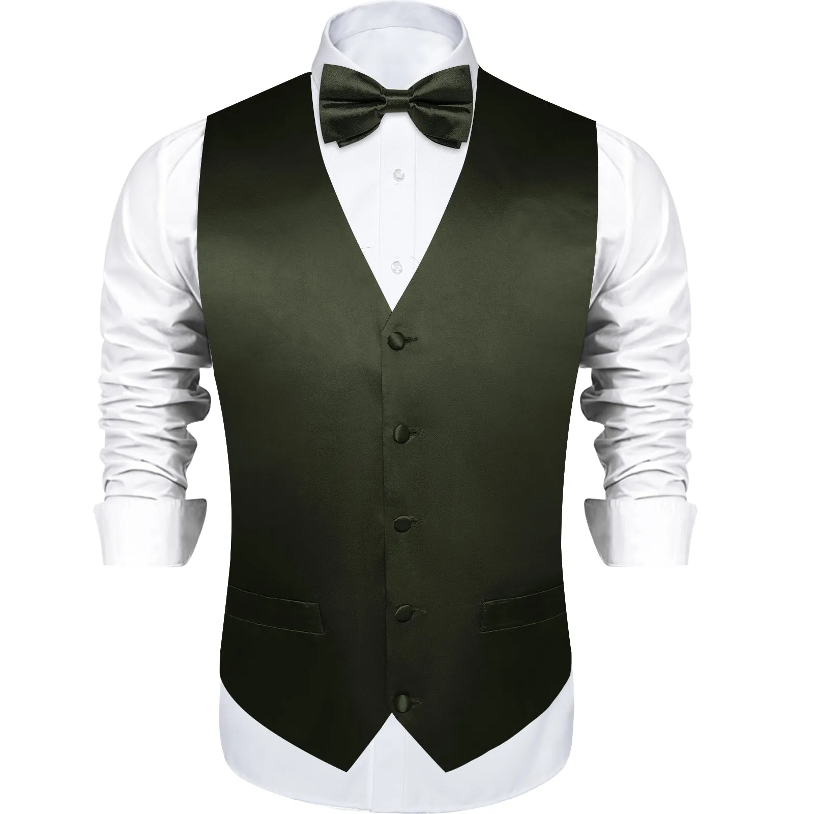 OliveDrab Green Solid Silk Men's Vest Hanky Cufflinks Bow Tie Set