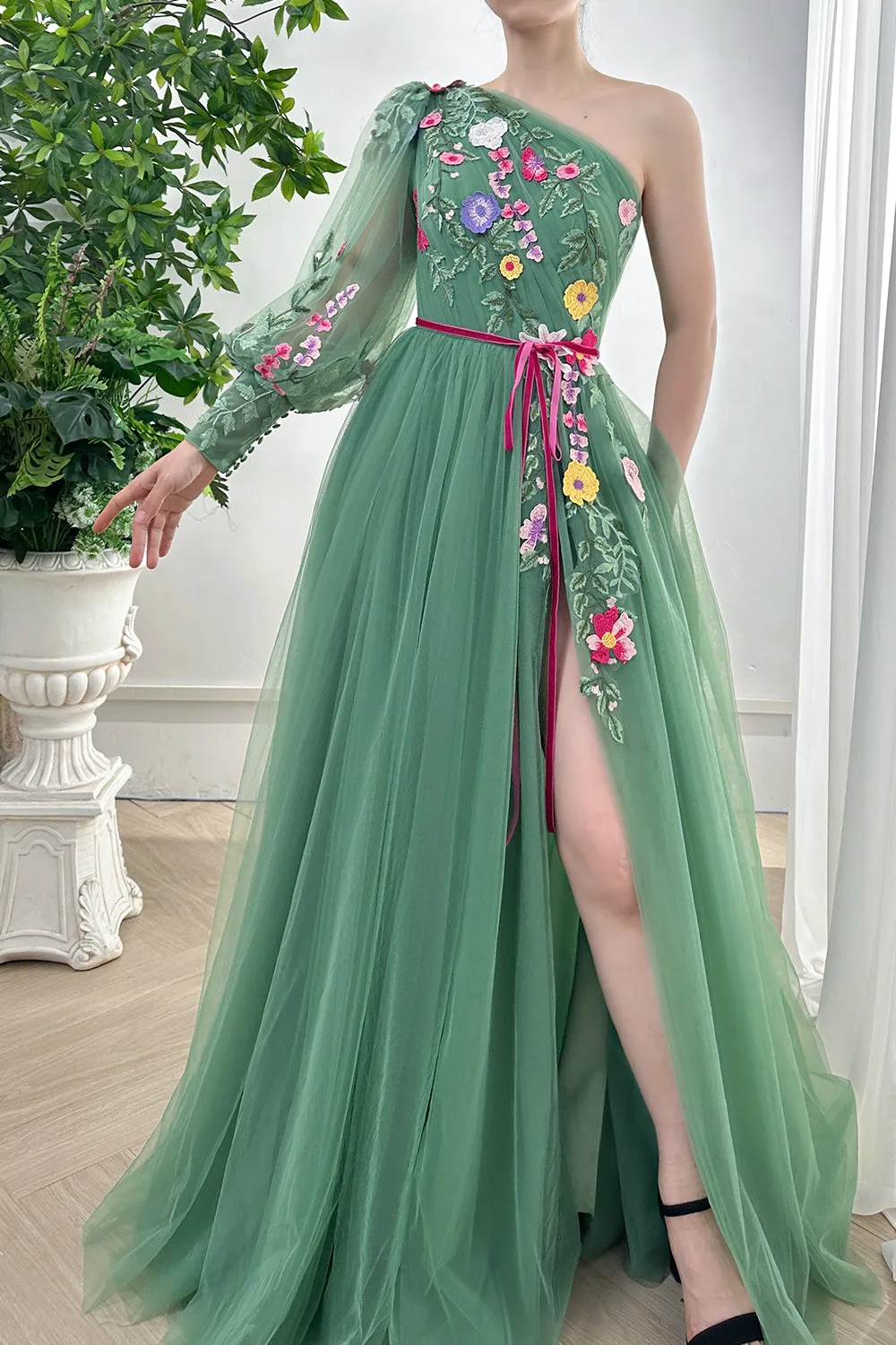 One Shoulder Long Sleeves Floral Embroidery Dress with Slit