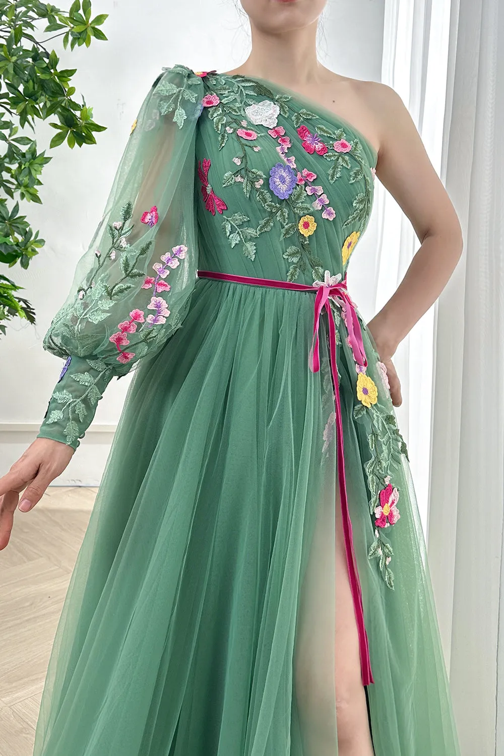 One Shoulder Long Sleeves Floral Embroidery Dress with Slit