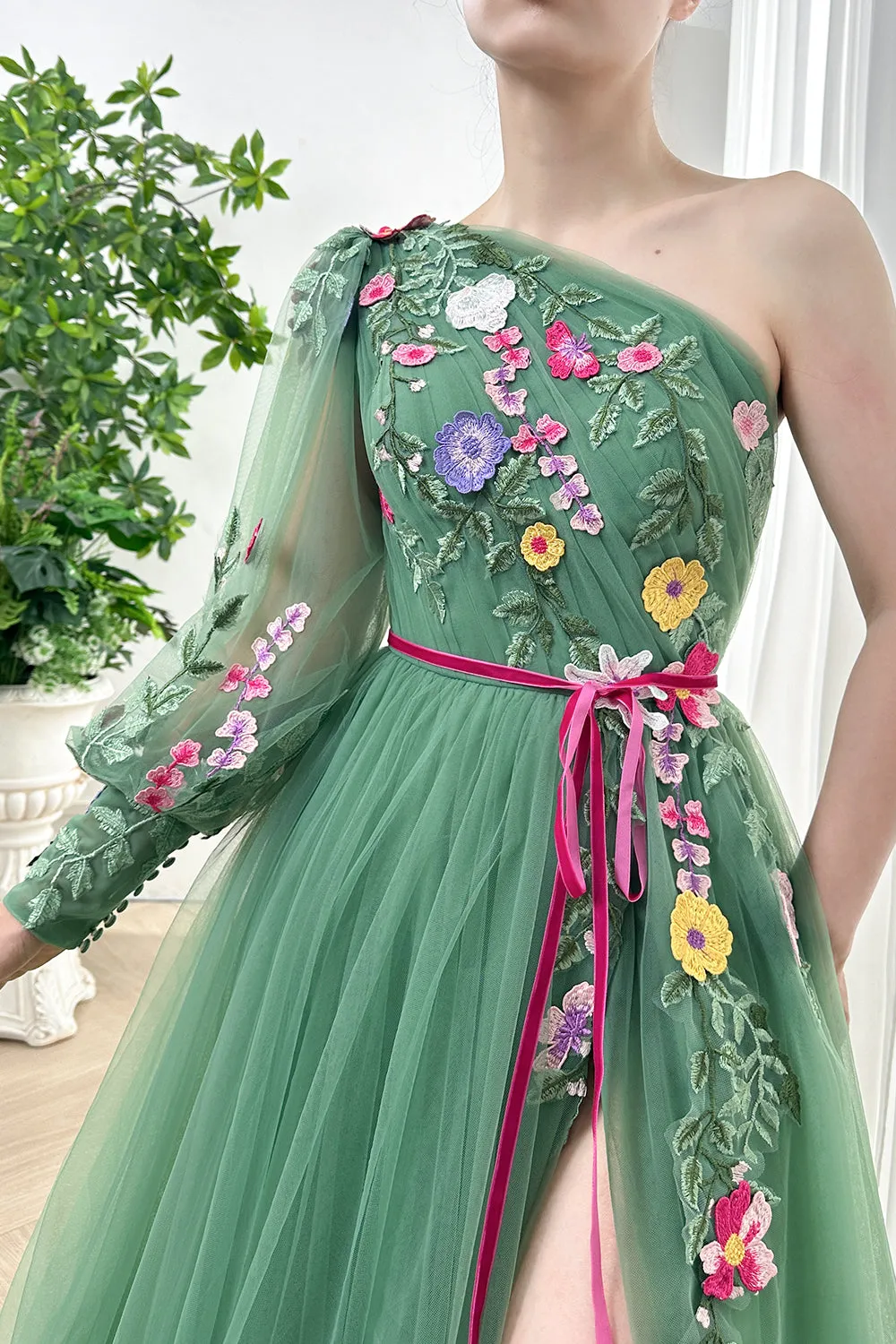 One Shoulder Long Sleeves Floral Embroidery Dress with Slit