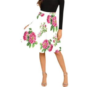 pink on white rose print Melete Pleated Midi Skirt (Model D15)