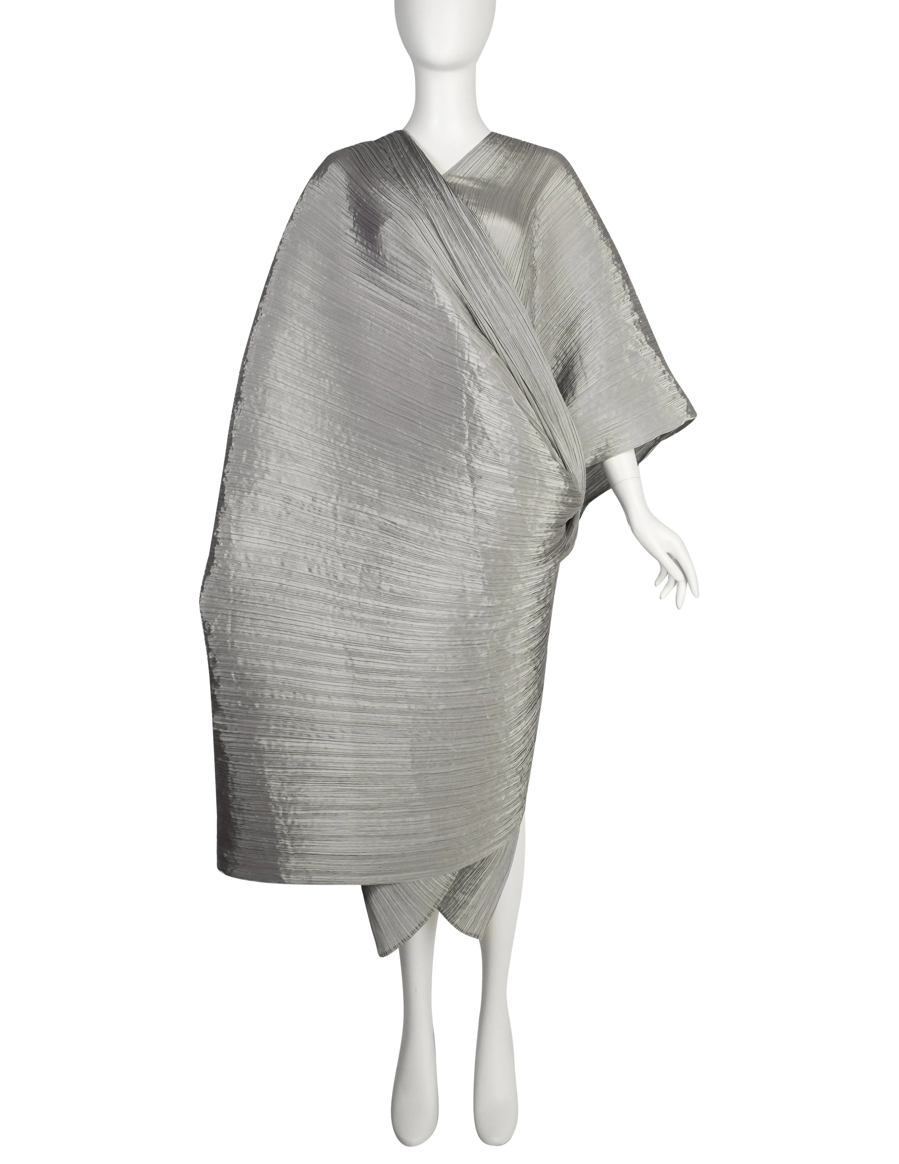 Pleats Please by Issey Miyake Metallic Sage Dramatic Madame T Wrap Cape Tunic Caftan Dress