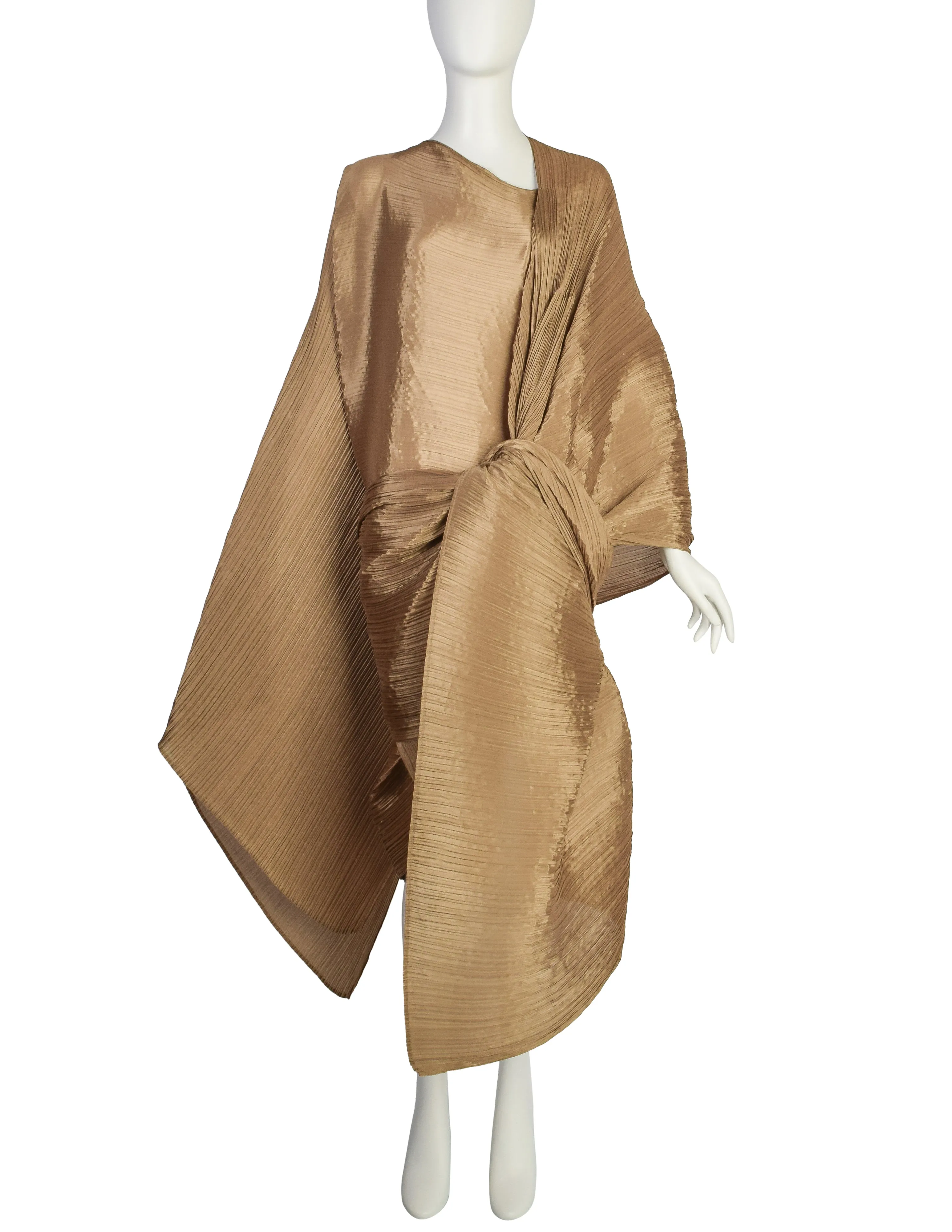 Pleats Please by Issey Miyake Metallic Sage Dramatic Madame T Wrap Cape Tunic Caftan Dress