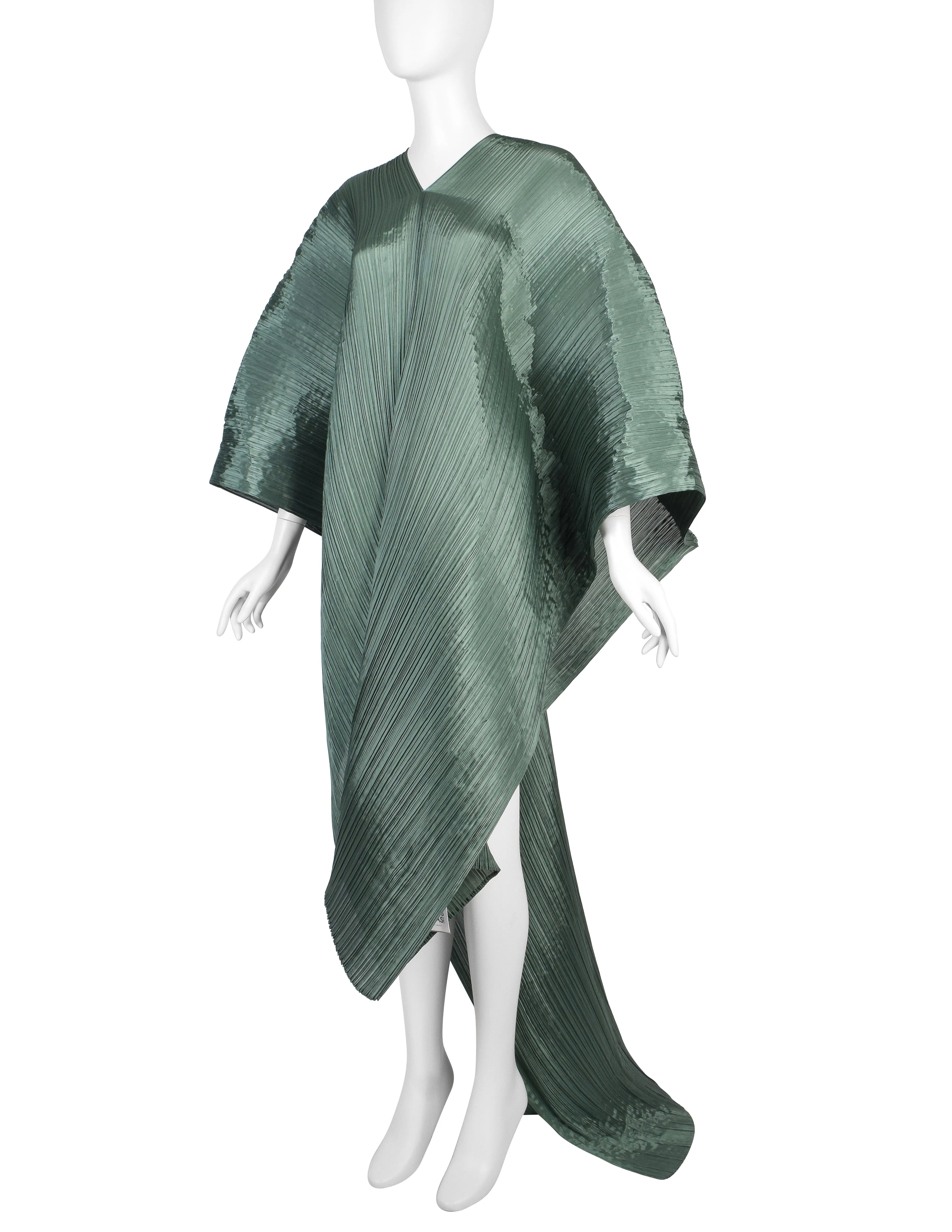 Pleats Please by Issey Miyake Metallic Sage Dramatic Madame T Wrap Cape Tunic Caftan Dress