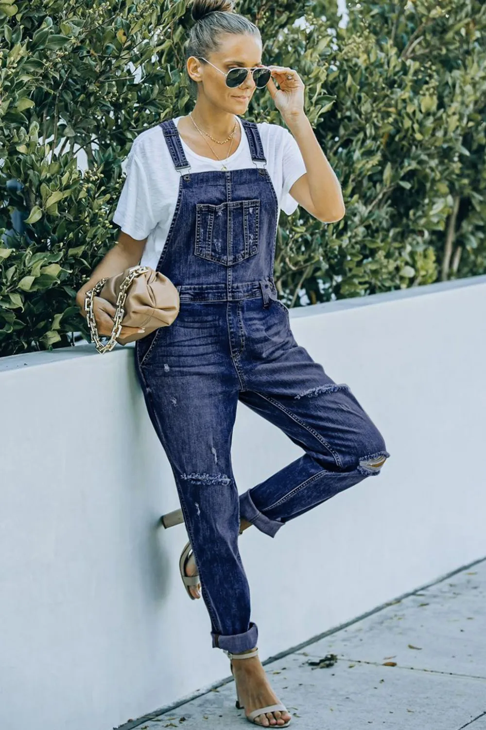 Pocketed Distressed Denim Overalls