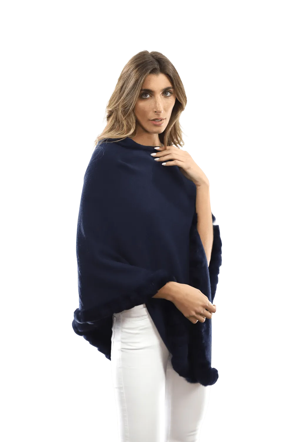 Poncho with Rex Rabbit Trim-Navy