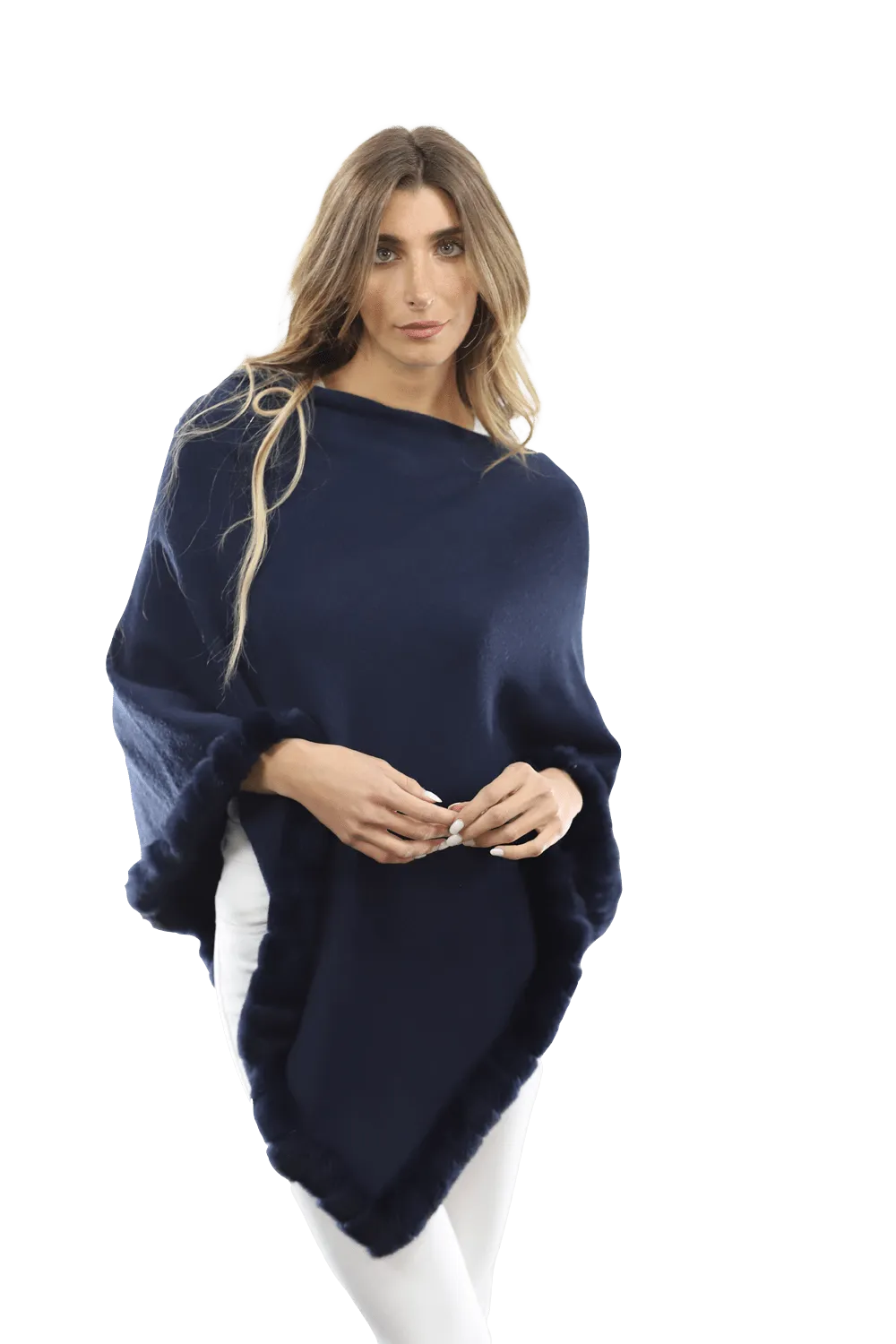 Poncho with Rex Rabbit Trim-Navy