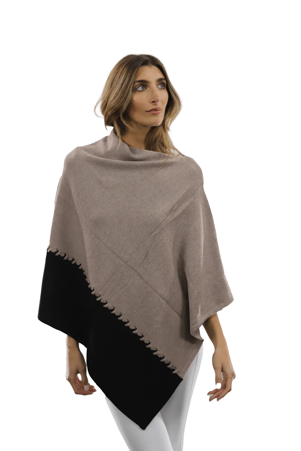 Poncho with Two Tone Detail - Black/Oatmeal