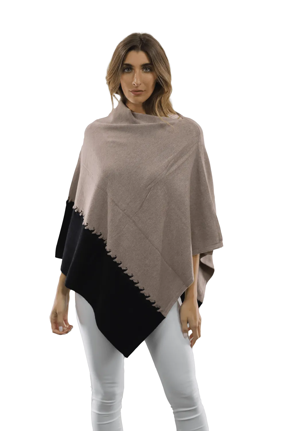 Poncho with Two Tone Detail - Black/Oatmeal