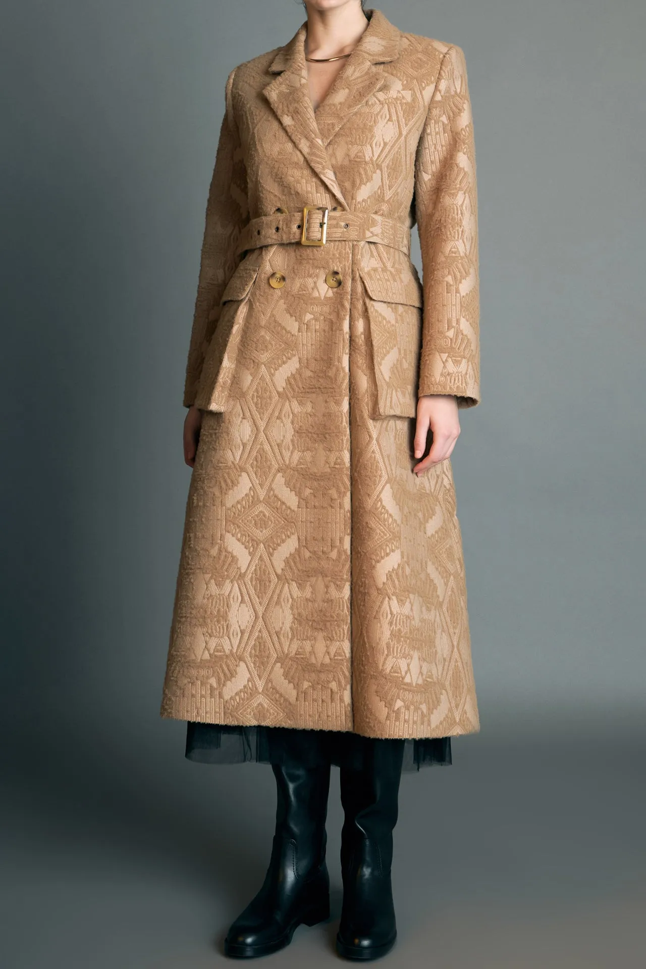 Premium Wool Brocade Swing Coat