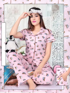 Printed Top and Pajamas Pink Night Suit Set for Ladies