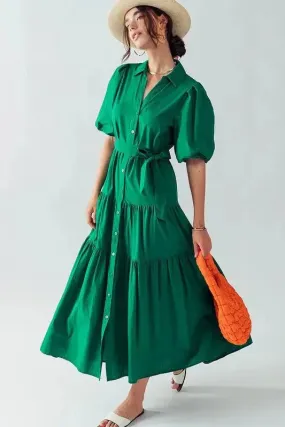 Puff Sleeve Tiered Dress in Green