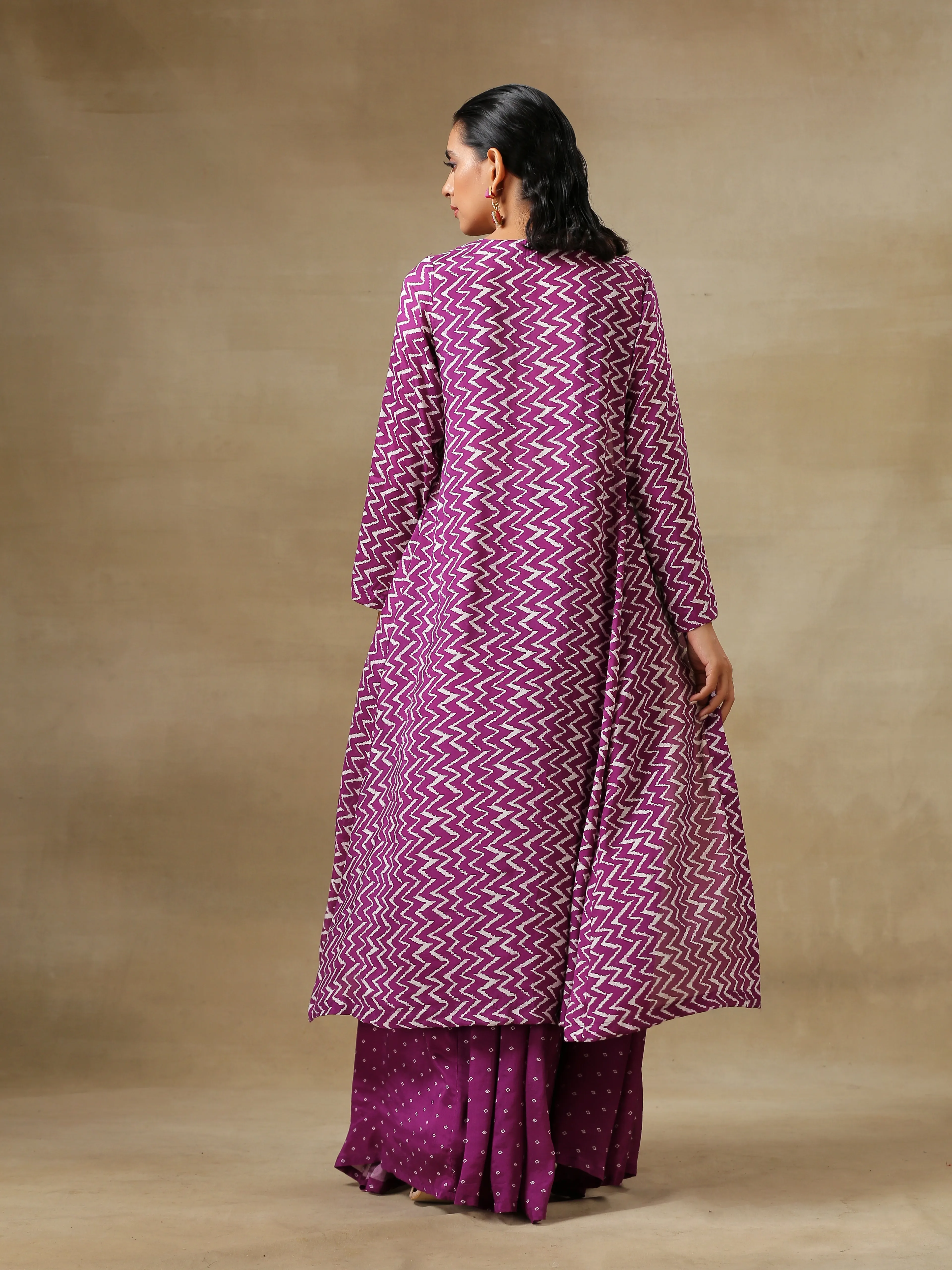 Purple Bandhani Printed Silk Top Skirt Jacket Set