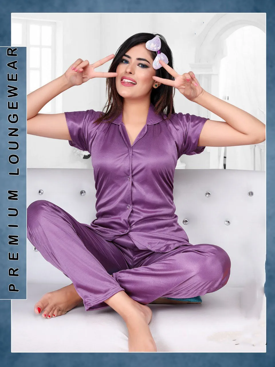 Purple Satin Night Suit Wear Set for Ladies