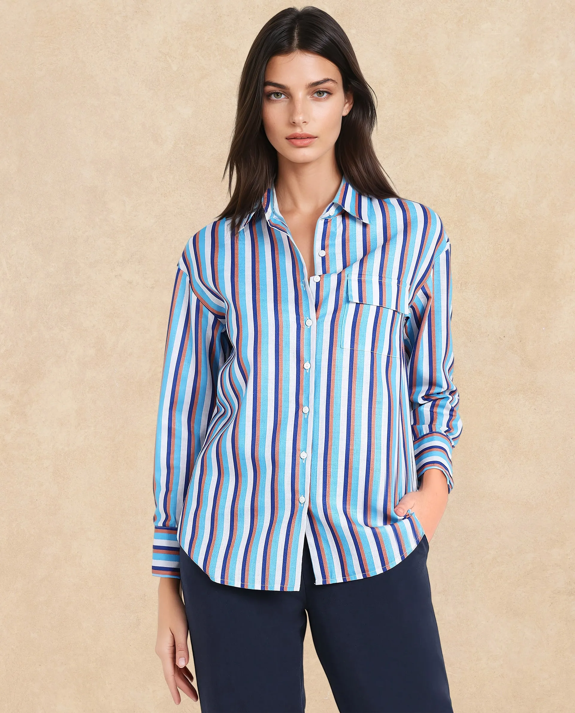 Rareism Women Oharau Blue Linen Cuffed Sleeves Collared Neck Button Closure Narrow Stipes Shirt