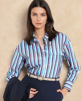 Rareism Women Oharau Blue Linen Cuffed Sleeves Collared Neck Button Closure Narrow Stipes Shirt