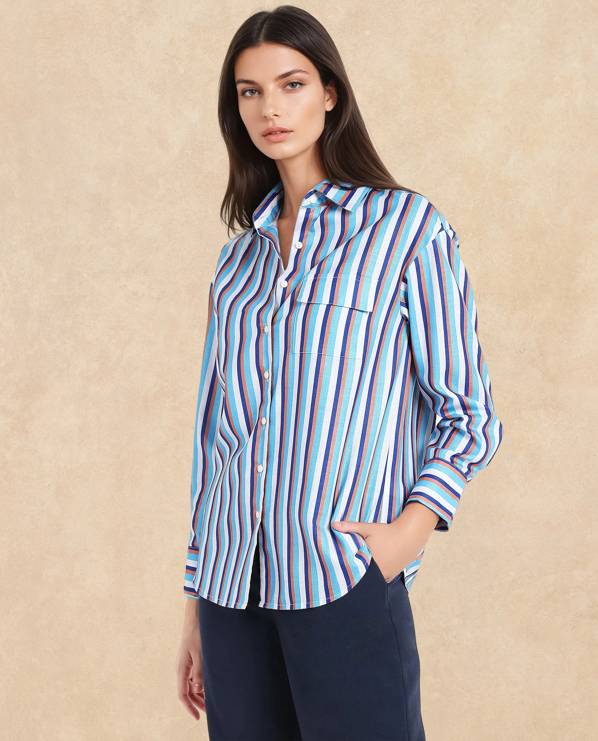 Rareism Women Oharau Blue Linen Cuffed Sleeves Collared Neck Button Closure Narrow Stipes Shirt