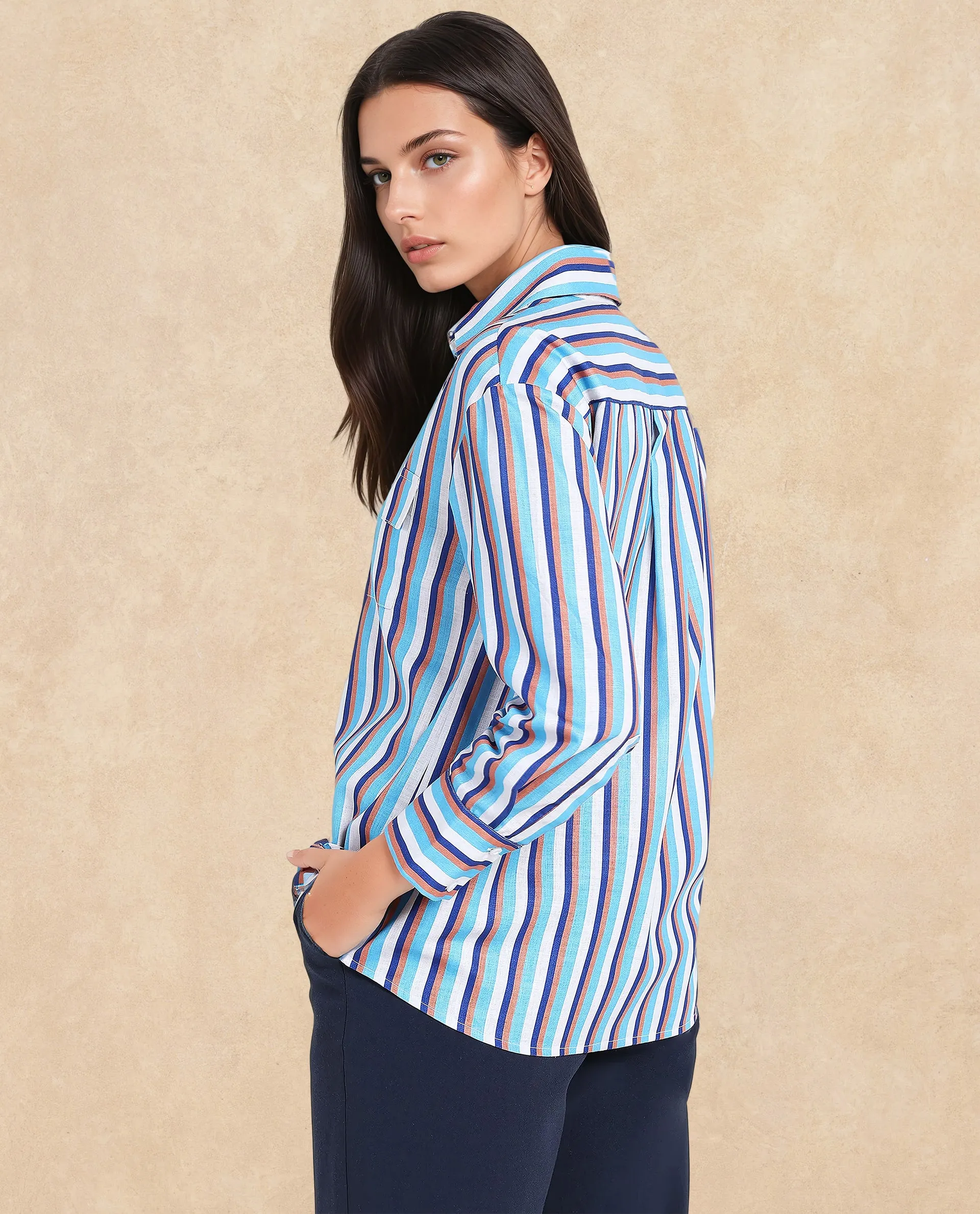 Rareism Women Oharau Blue Linen Cuffed Sleeves Collared Neck Button Closure Narrow Stipes Shirt