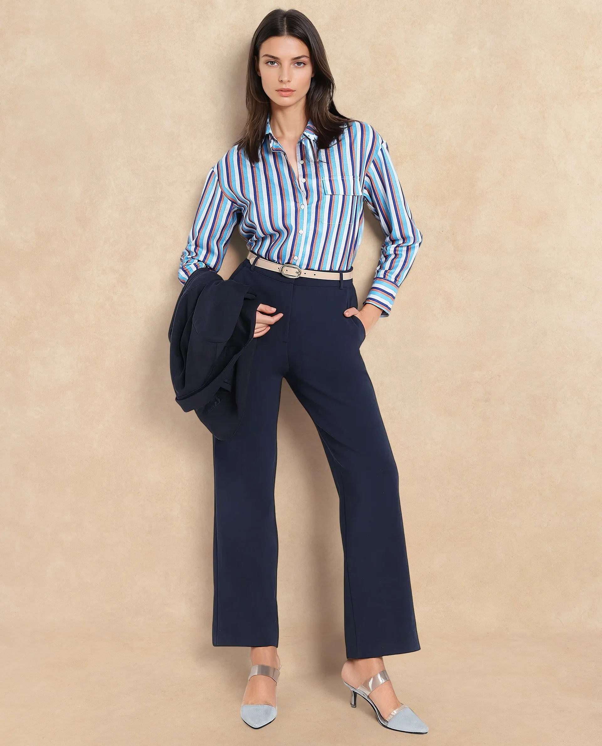 Rareism Women Oharau Blue Linen Cuffed Sleeves Collared Neck Button Closure Narrow Stipes Shirt