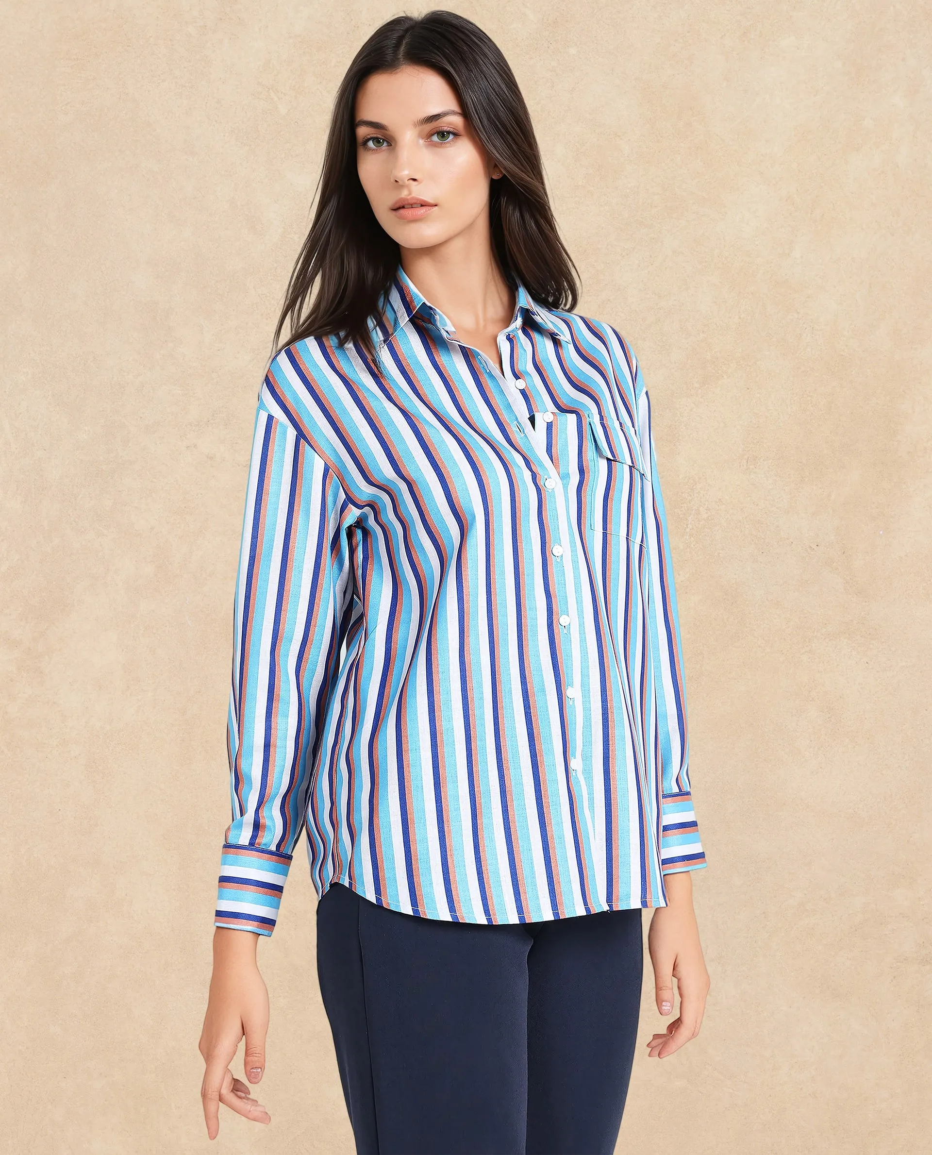 Rareism Women Oharau Blue Linen Cuffed Sleeves Collared Neck Button Closure Narrow Stipes Shirt