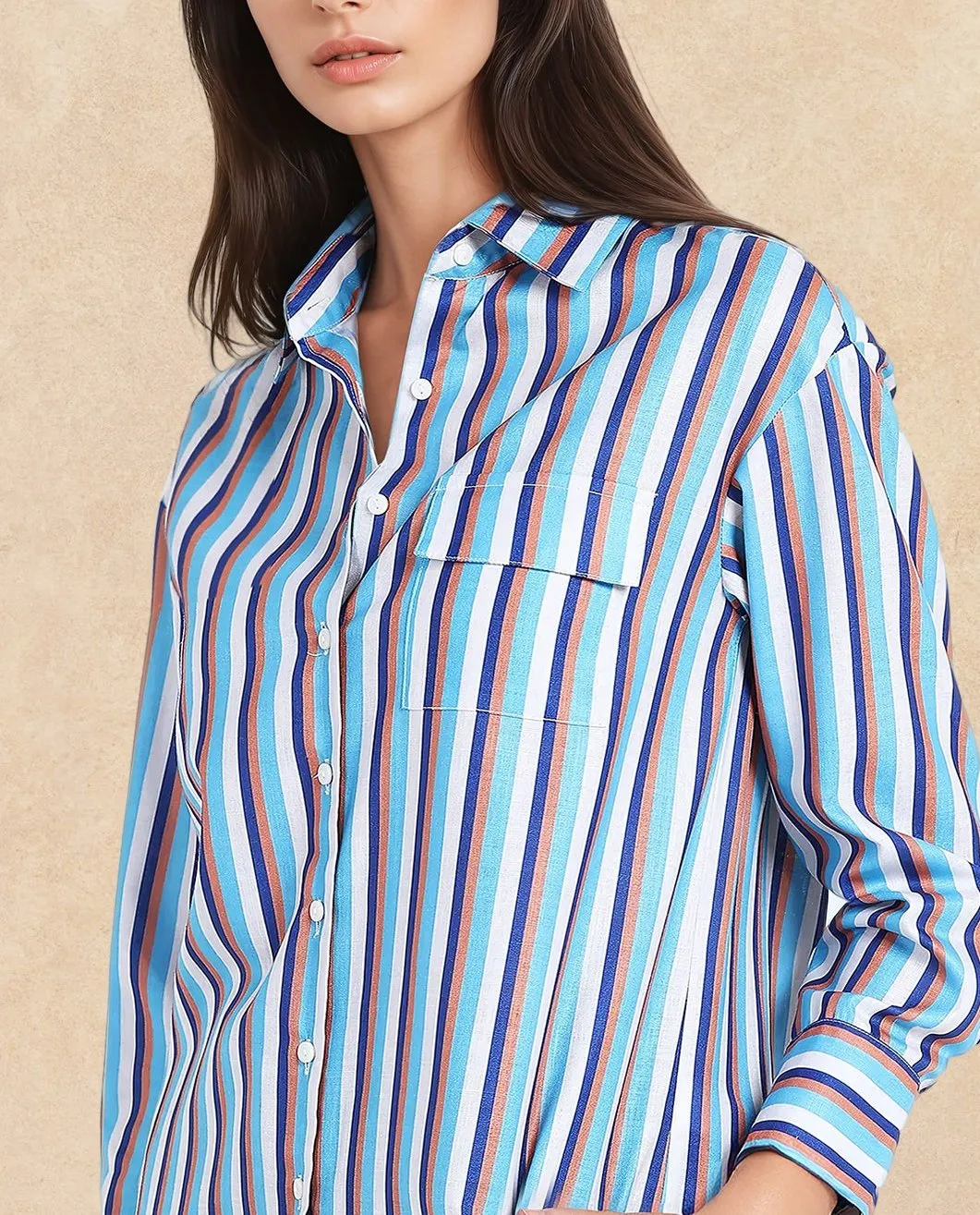 Rareism Women Oharau Blue Linen Cuffed Sleeves Collared Neck Button Closure Narrow Stipes Shirt