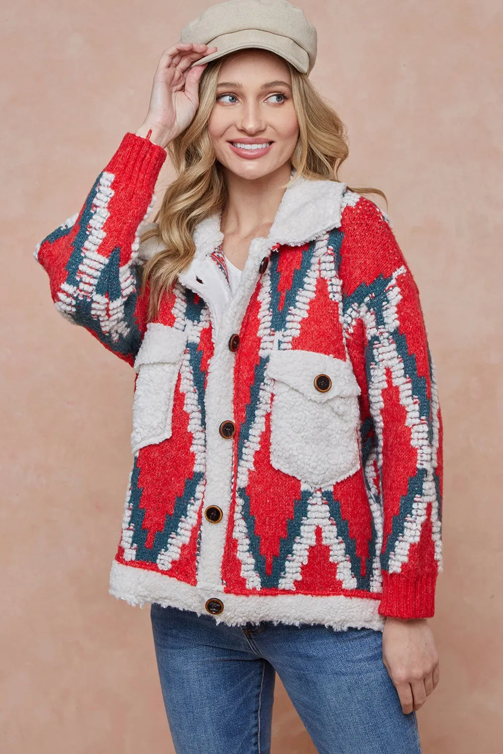 Rhombus Patterned Long Sleeve Sherpa Lined Sweater Jacket