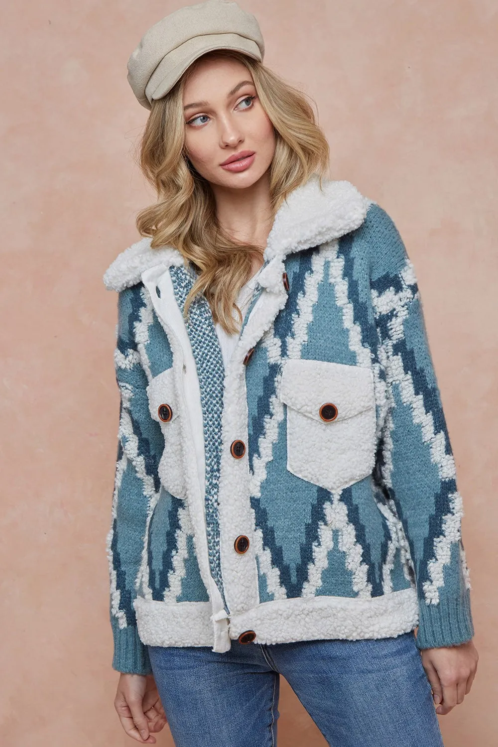 Rhombus Patterned Long Sleeve Sherpa Lined Sweater Jacket