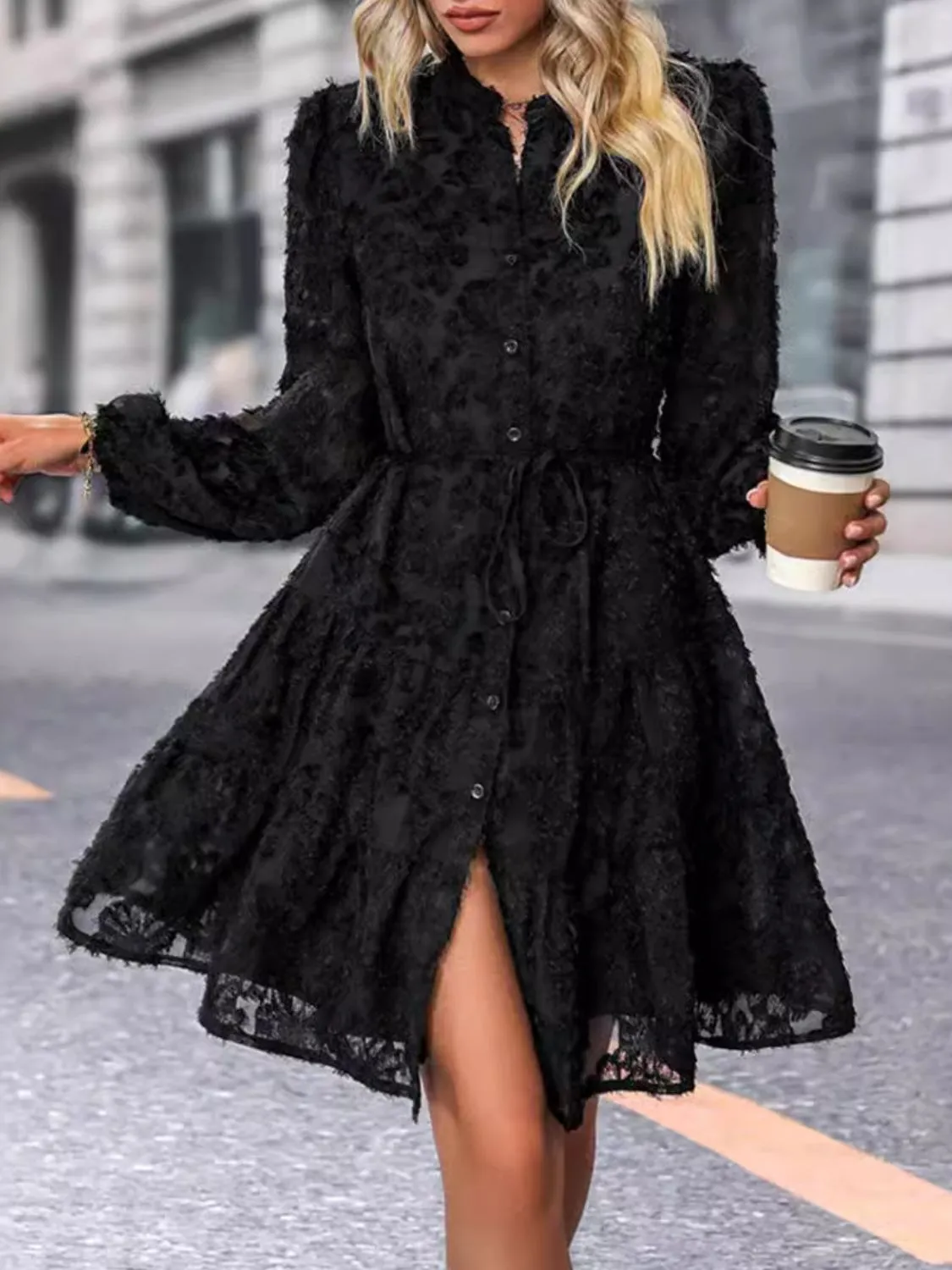 Romantic Full Lace Button Down Long Sleeve Mini Dress