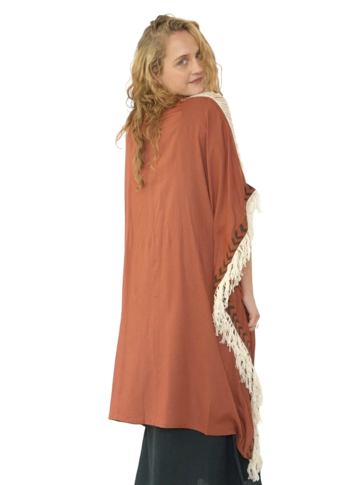 Rust Closed-Back Fringe Poncho