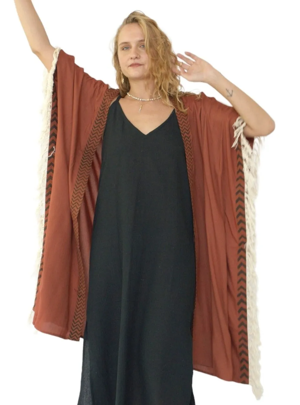 Rust Closed-Back Fringe Poncho