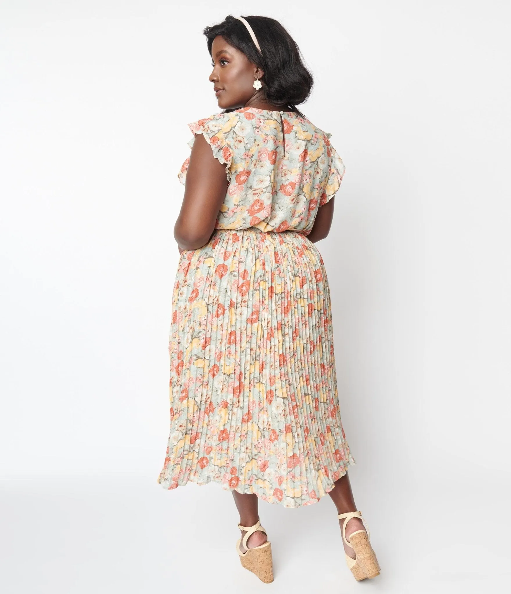 Sage Floral Pleated Midi Dress