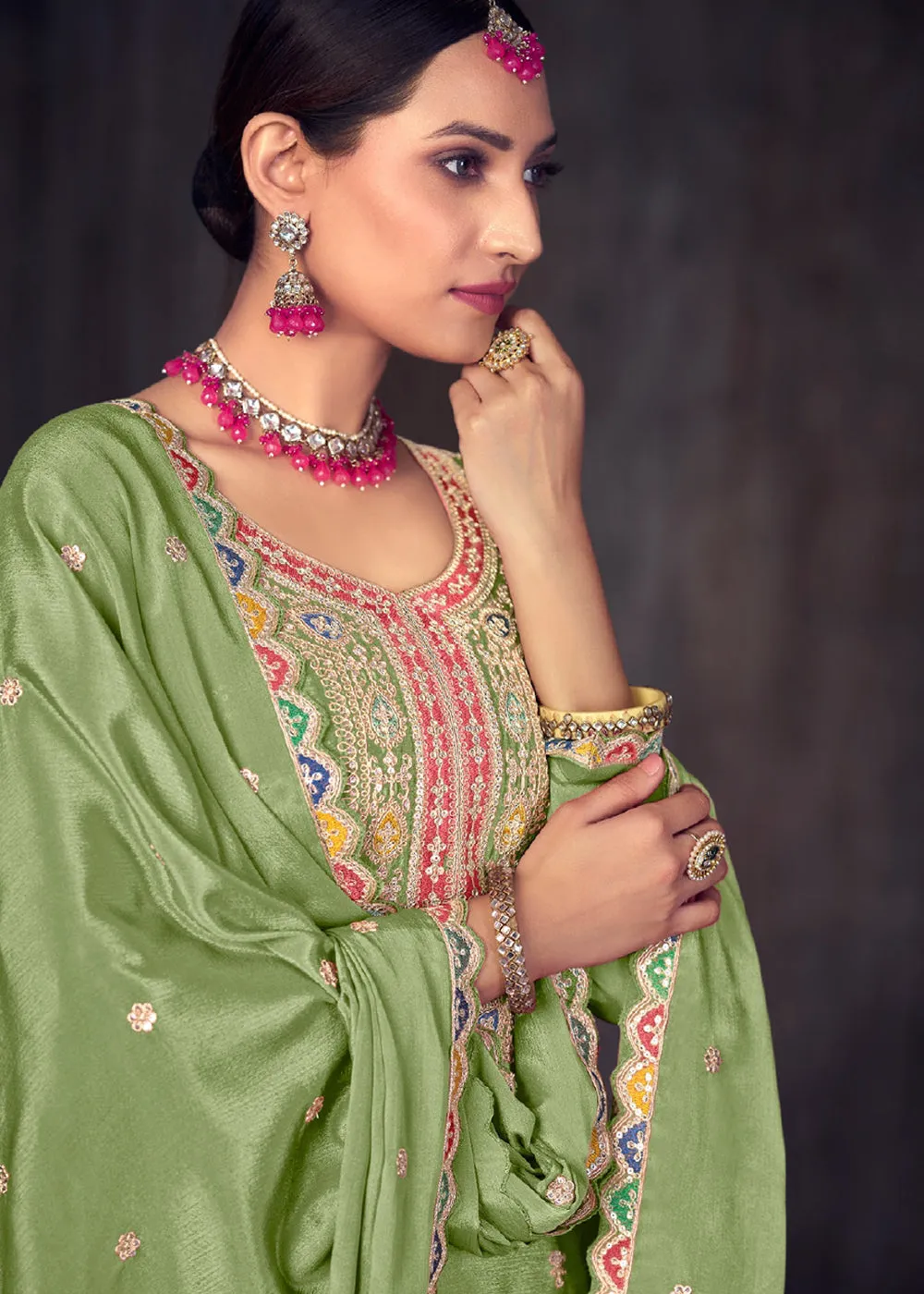 Sage Green Heavy Chinnon Embroidered Lehenga Kurta Suit