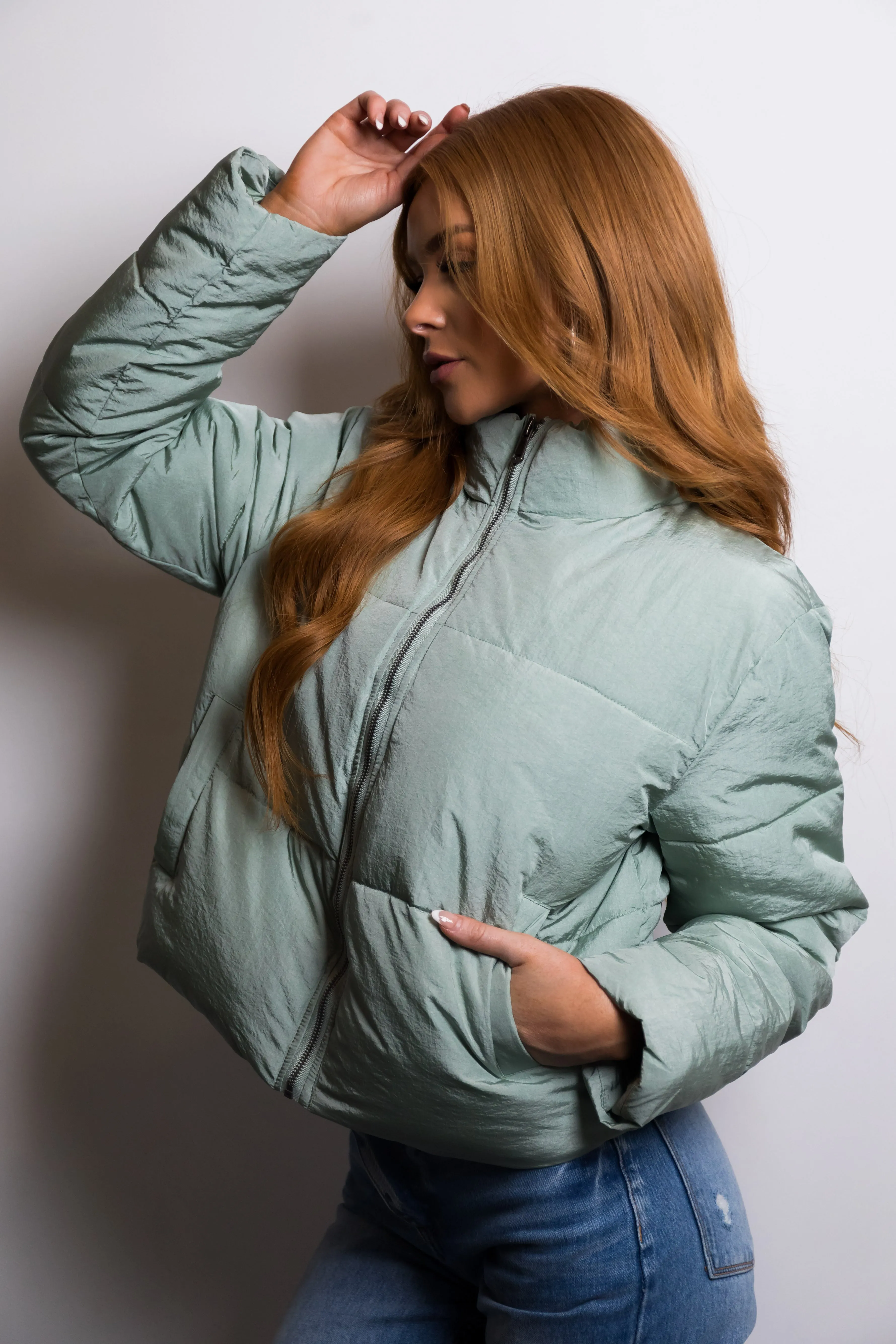 Sage Zip Up Quilted Puffer Jacket with Sheen