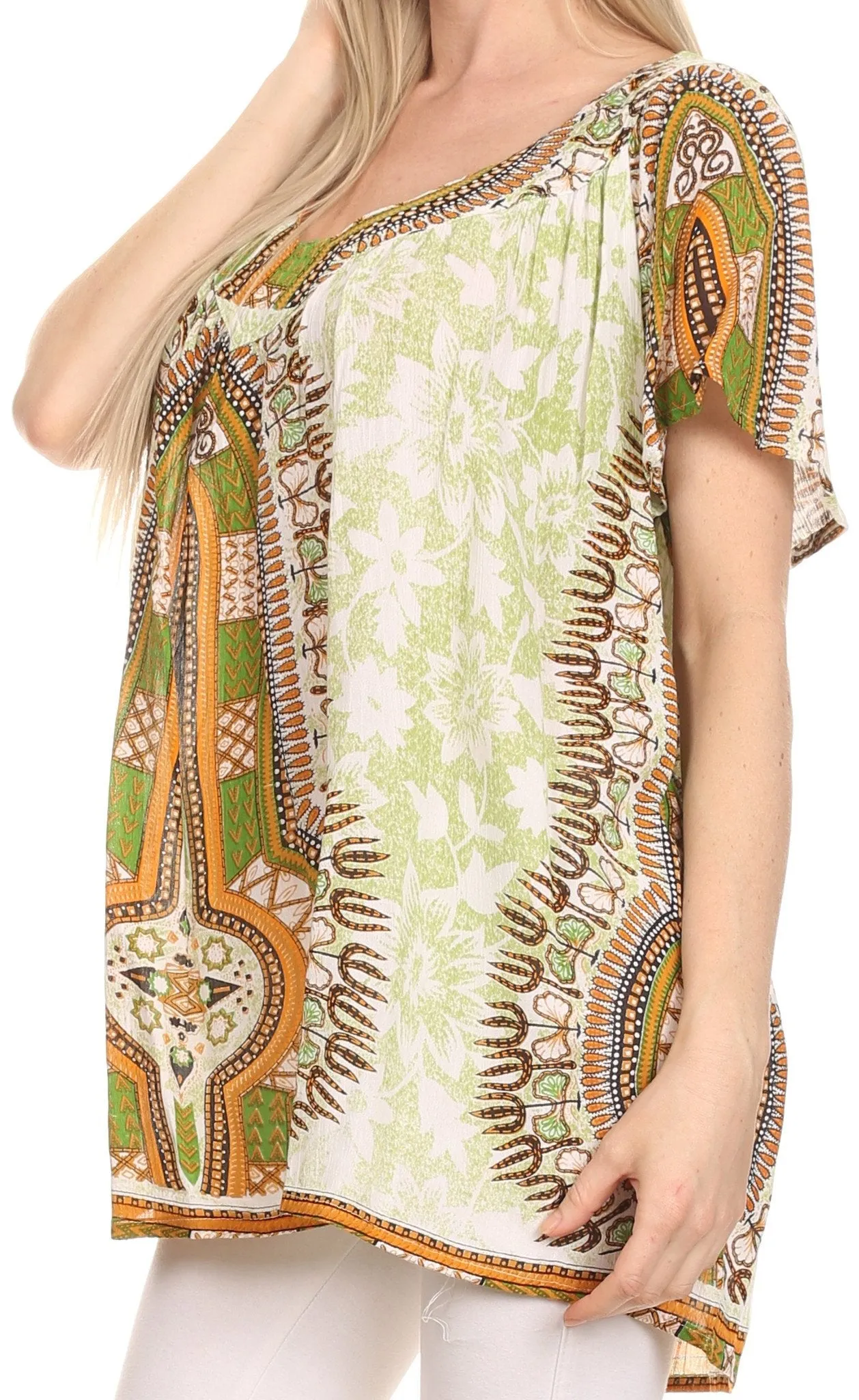 Sakkas Brinks Caftan Cap Sleeve Blouse Top Cover Up With Tribal And Floral Print