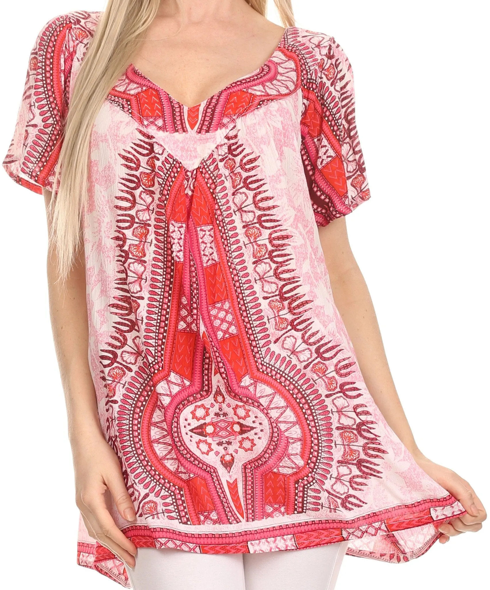 Sakkas Brinks Caftan Cap Sleeve Blouse Top Cover Up With Tribal And Floral Print