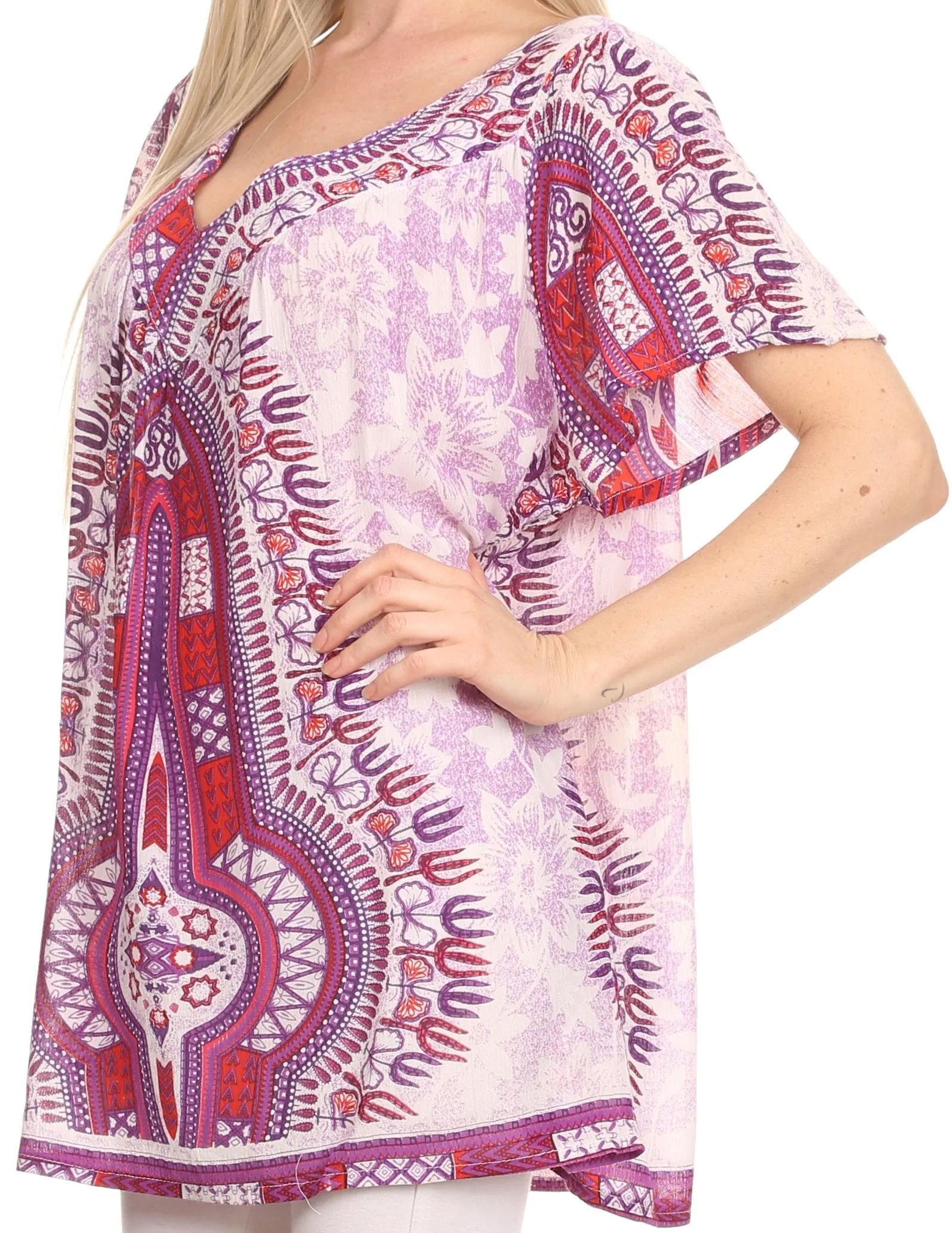 Sakkas Brinks Caftan Cap Sleeve Blouse Top Cover Up With Tribal And Floral Print