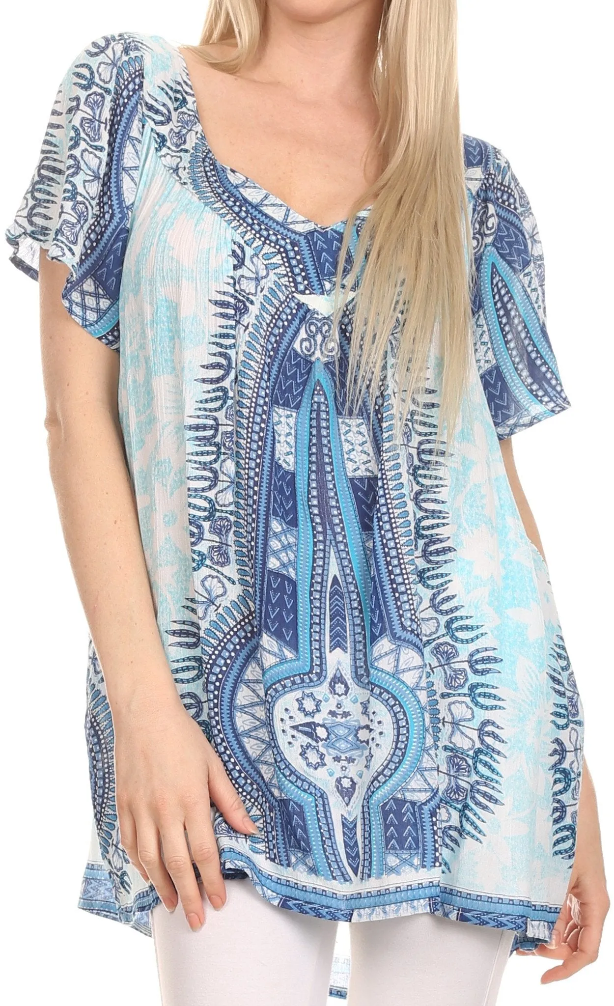 Sakkas Brinks Caftan Cap Sleeve Blouse Top Cover Up With Tribal And Floral Print