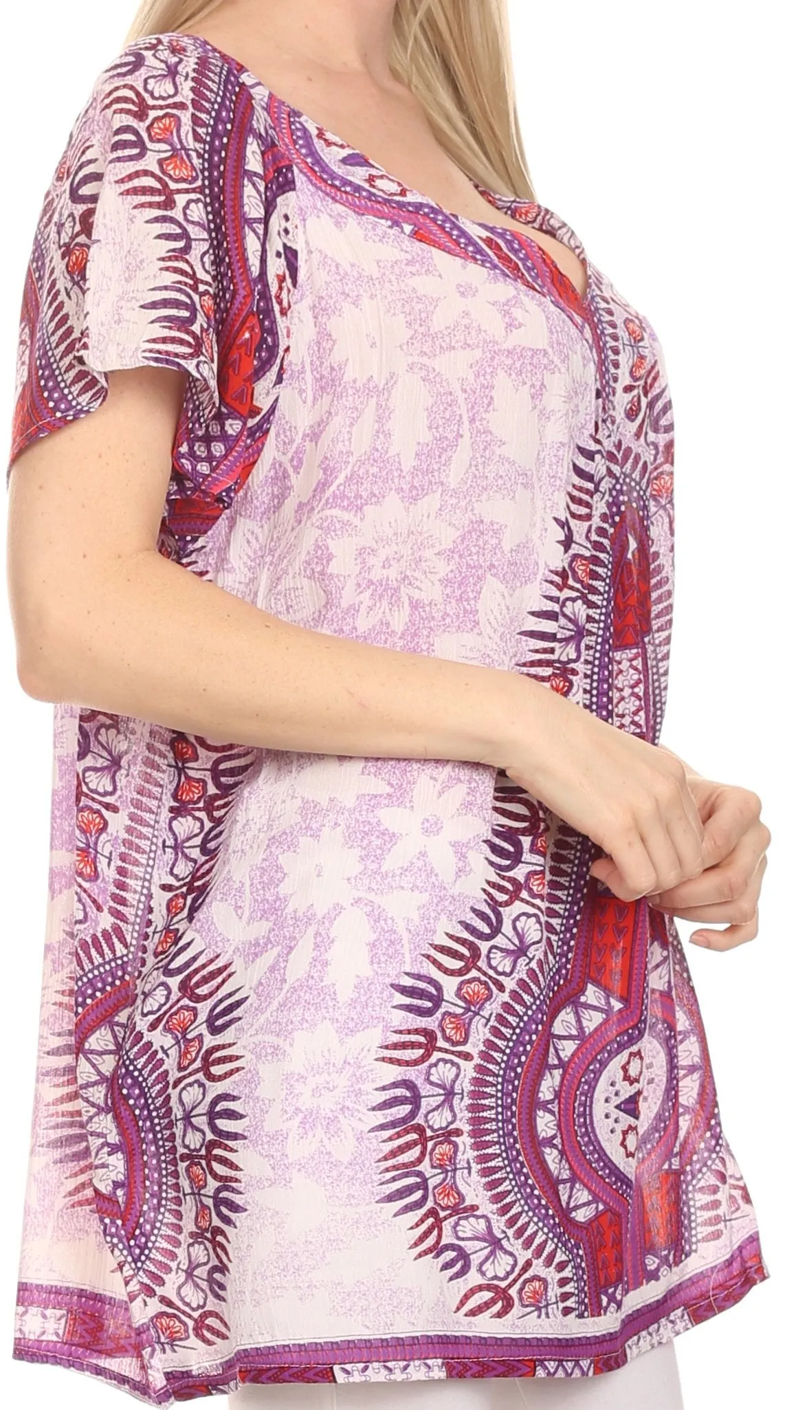 Sakkas Brinks Caftan Cap Sleeve Blouse Top Cover Up With Tribal And Floral Print