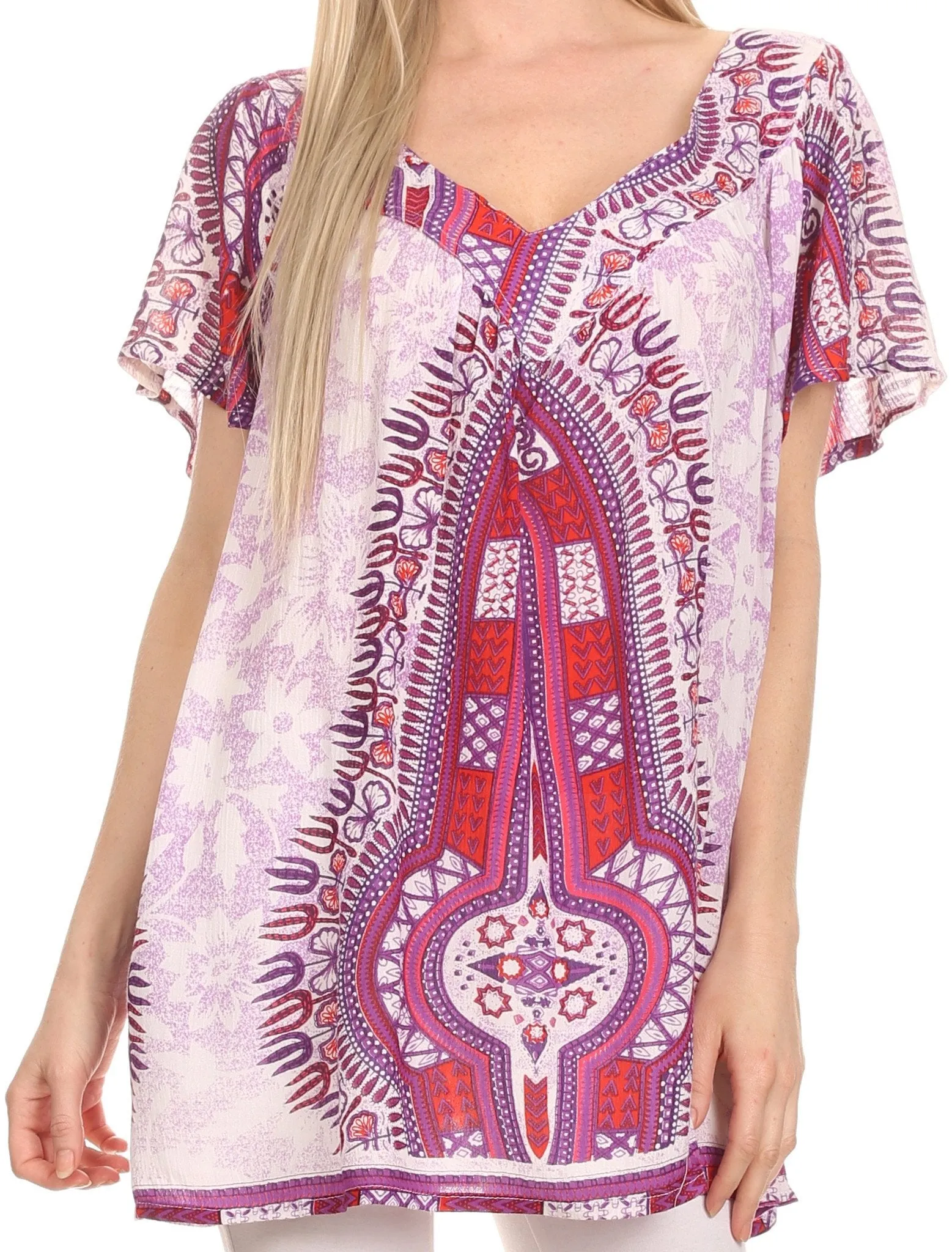 Sakkas Brinks Caftan Cap Sleeve Blouse Top Cover Up With Tribal And Floral Print