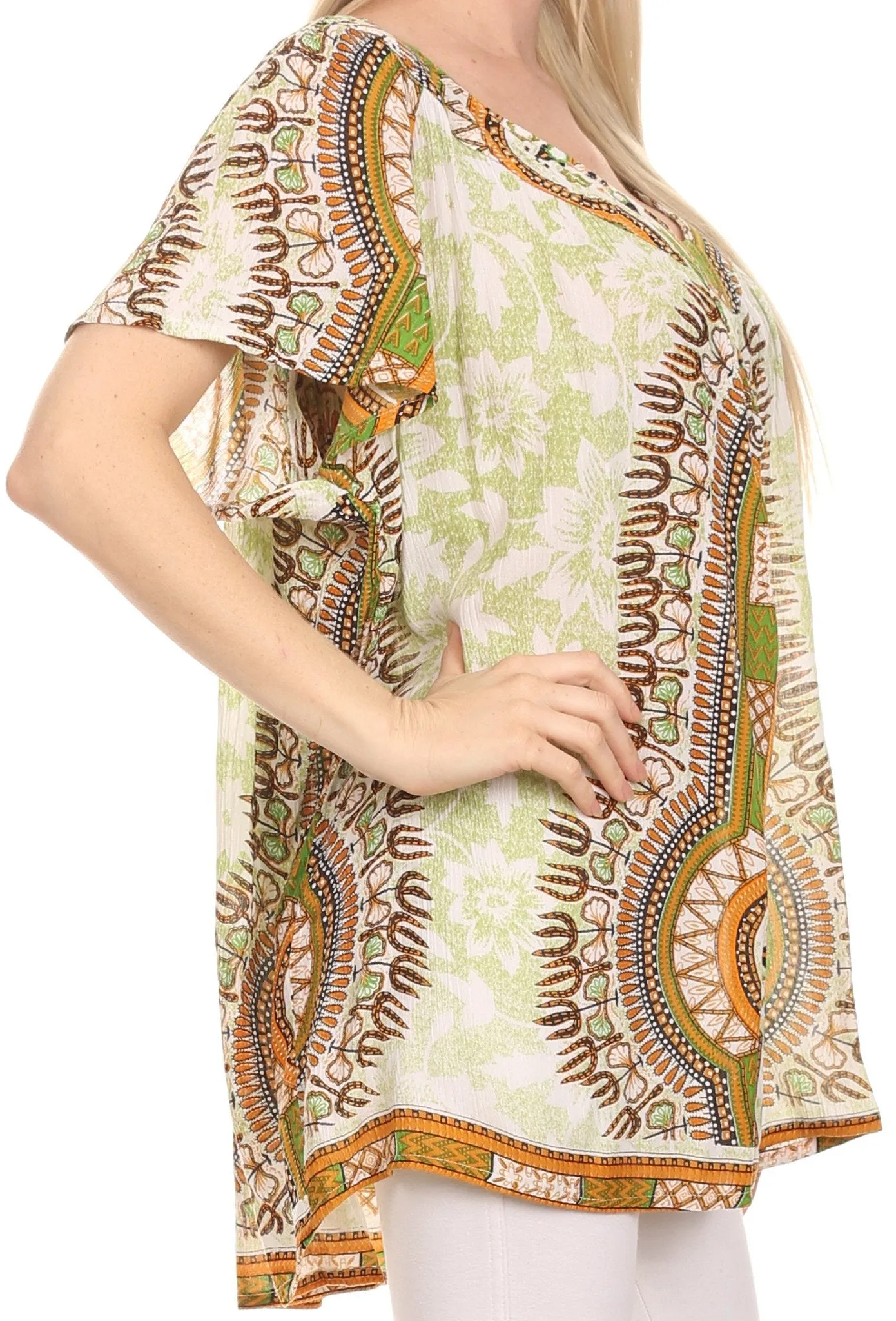 Sakkas Brinks Caftan Cap Sleeve Blouse Top Cover Up With Tribal And Floral Print