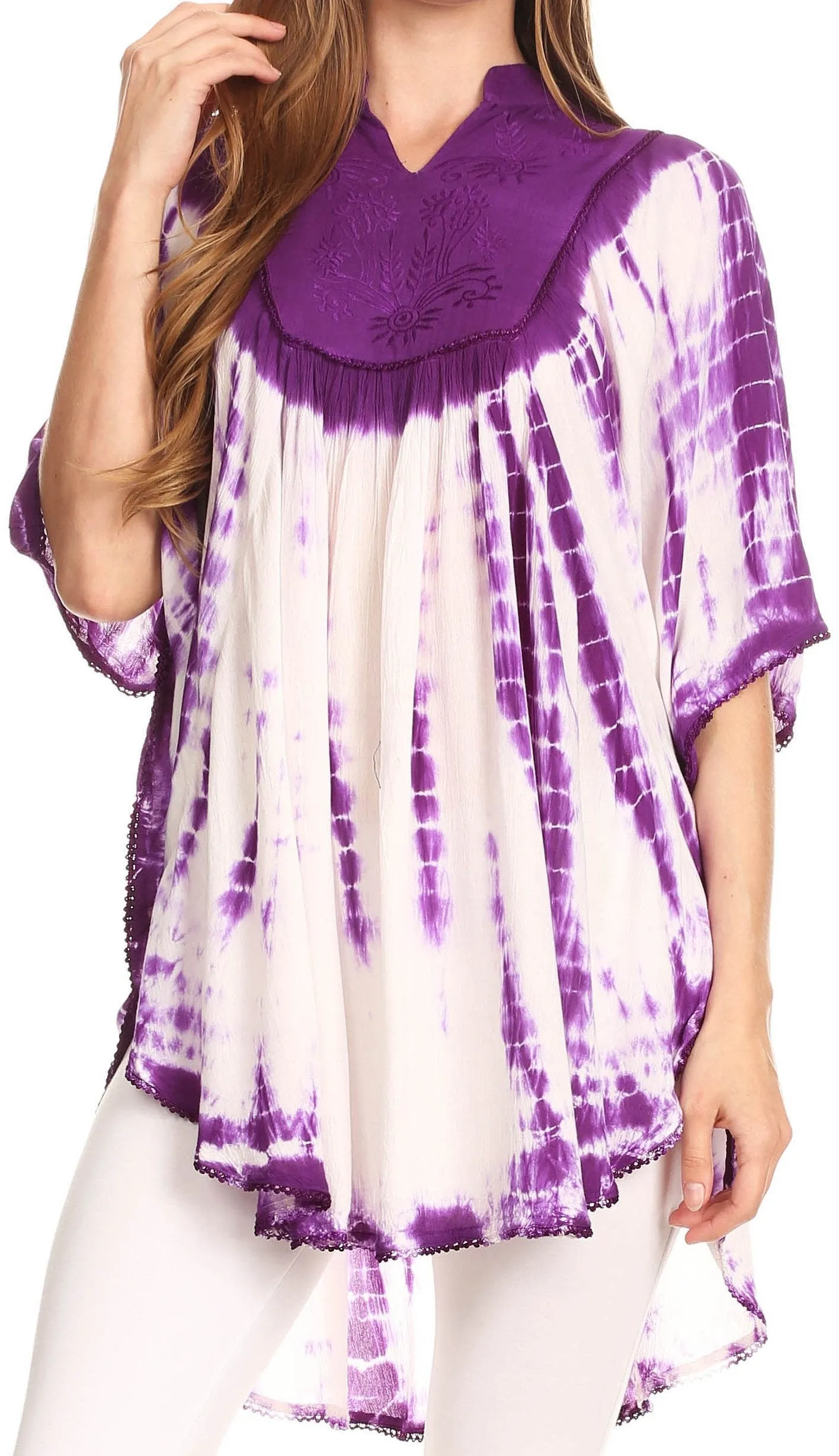 Sakkas Martina Delicate Embroidered Tie Dye Poncho Top / Cover Up