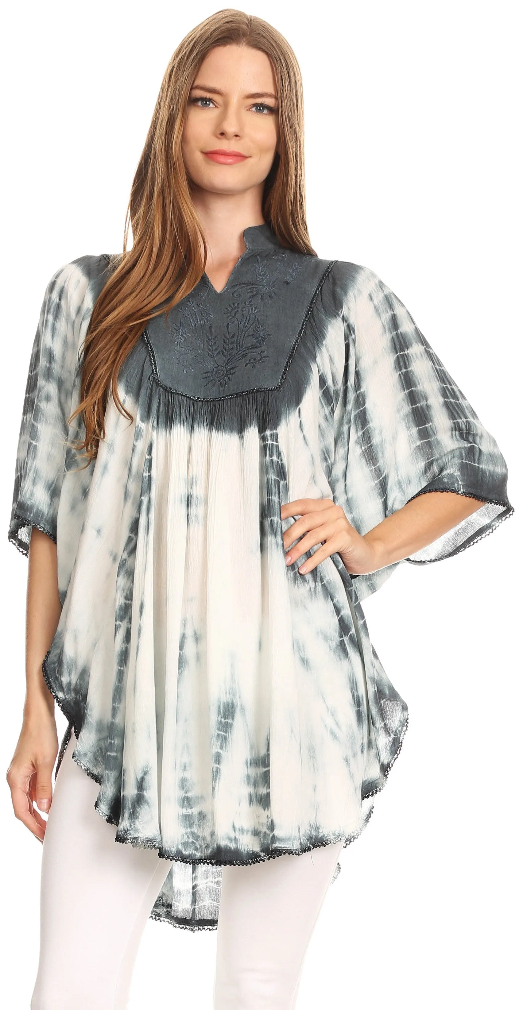 Sakkas Martina Delicate Embroidered Tie Dye Poncho Top / Cover Up