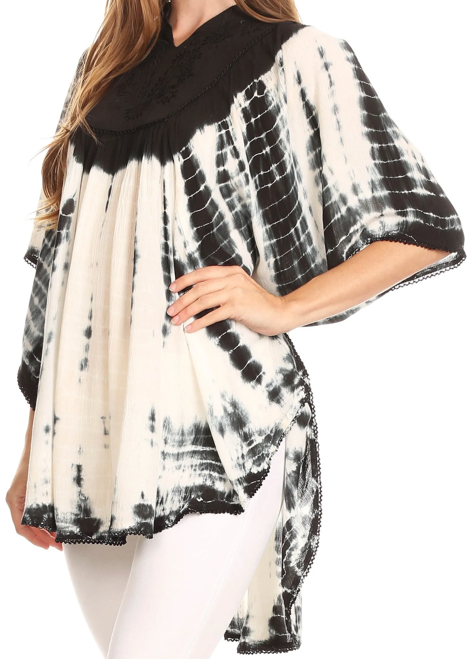 Sakkas Martina Delicate Embroidered Tie Dye Poncho Top / Cover Up