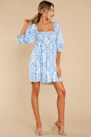 Santorini Strolls White And Blue Print Dress