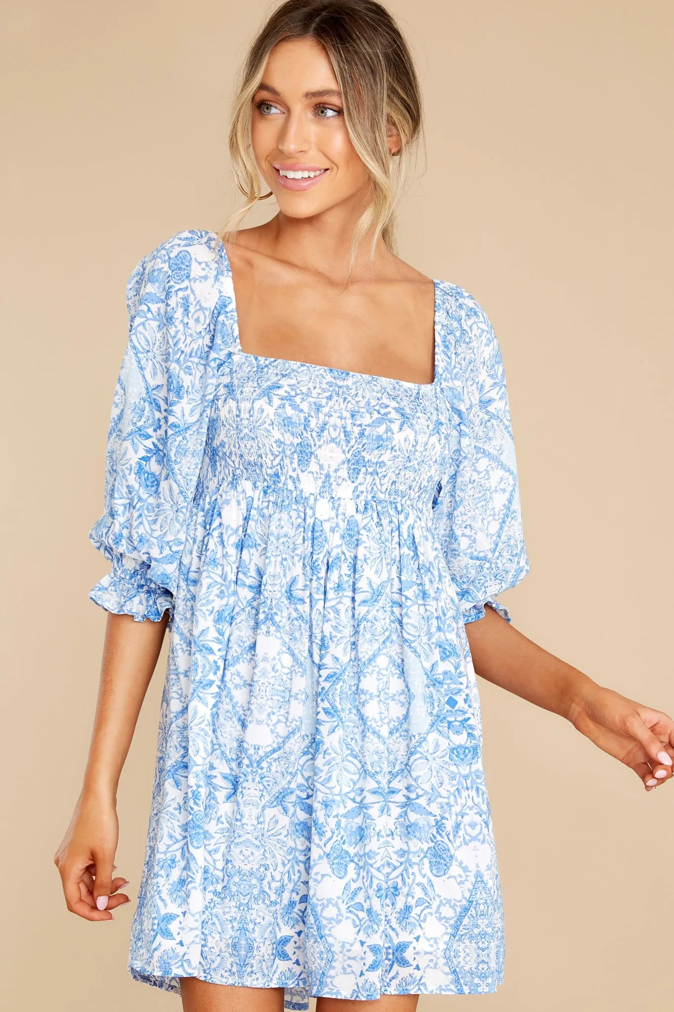 Santorini Strolls White And Blue Print Dress