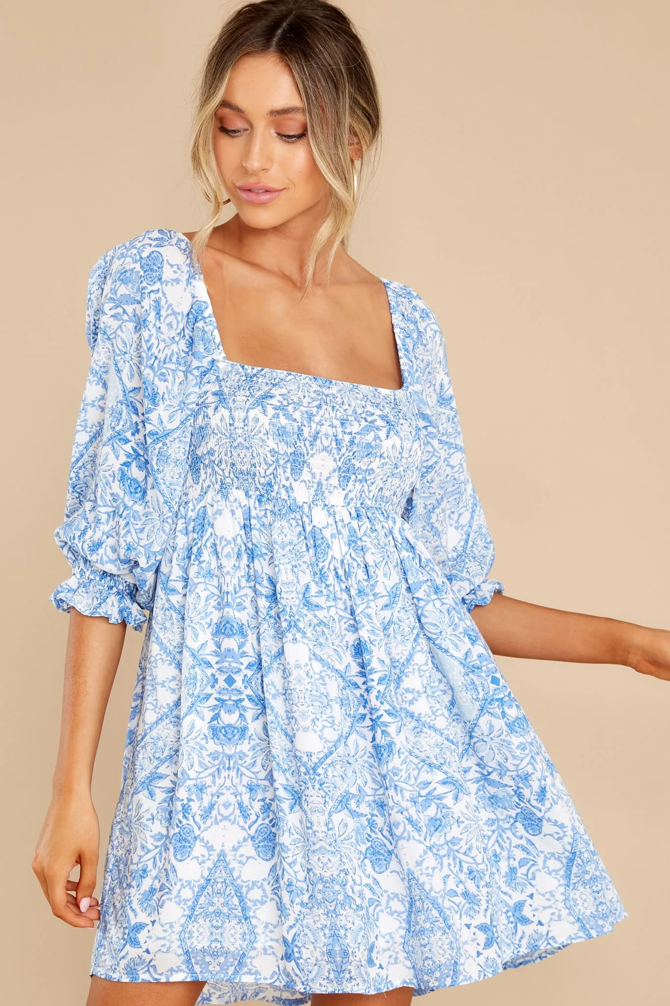 Santorini Strolls White And Blue Print Dress