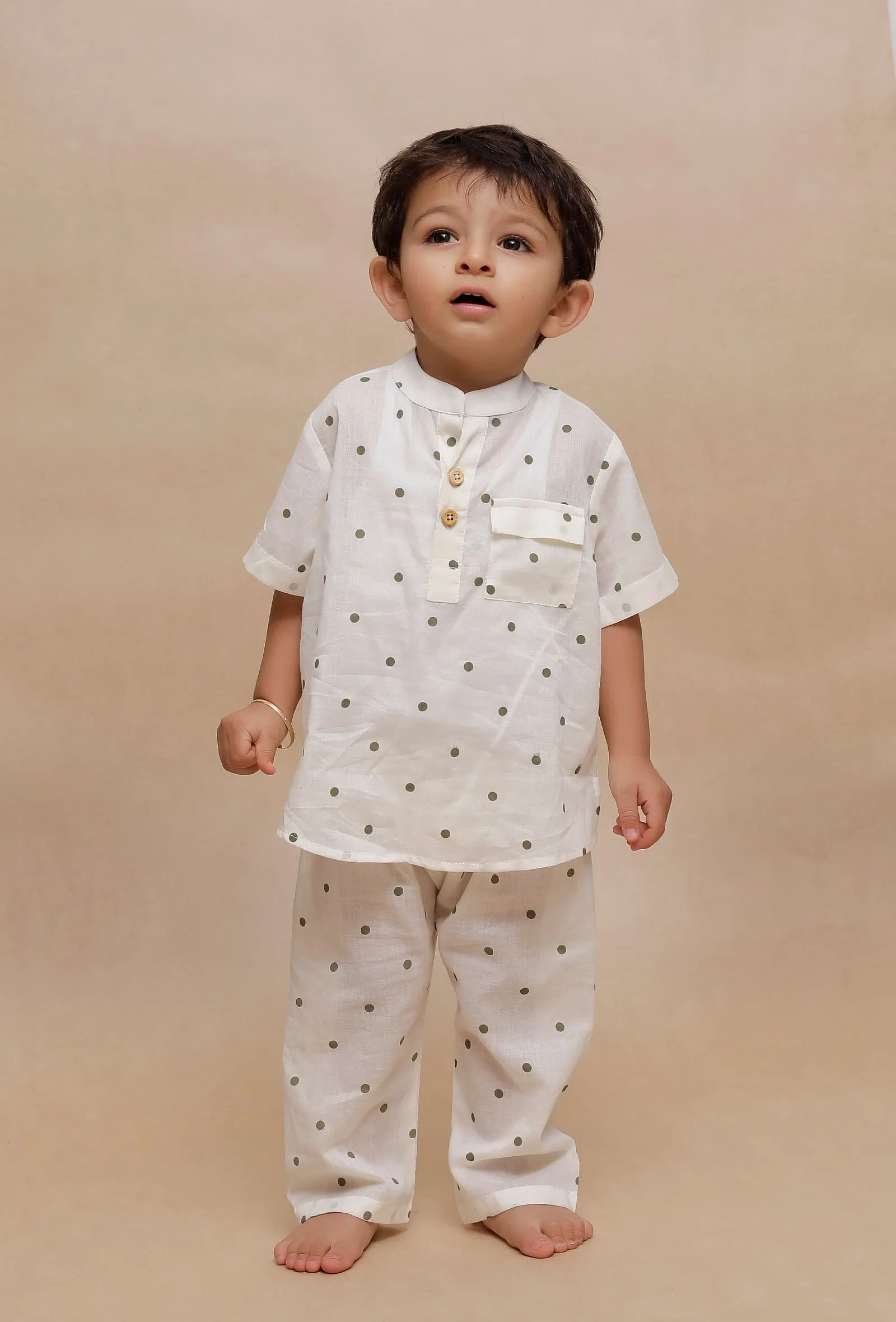 Set of 2: Off-White Polka Dot Printed Shirt and off-white Polka Dot Printed Pant