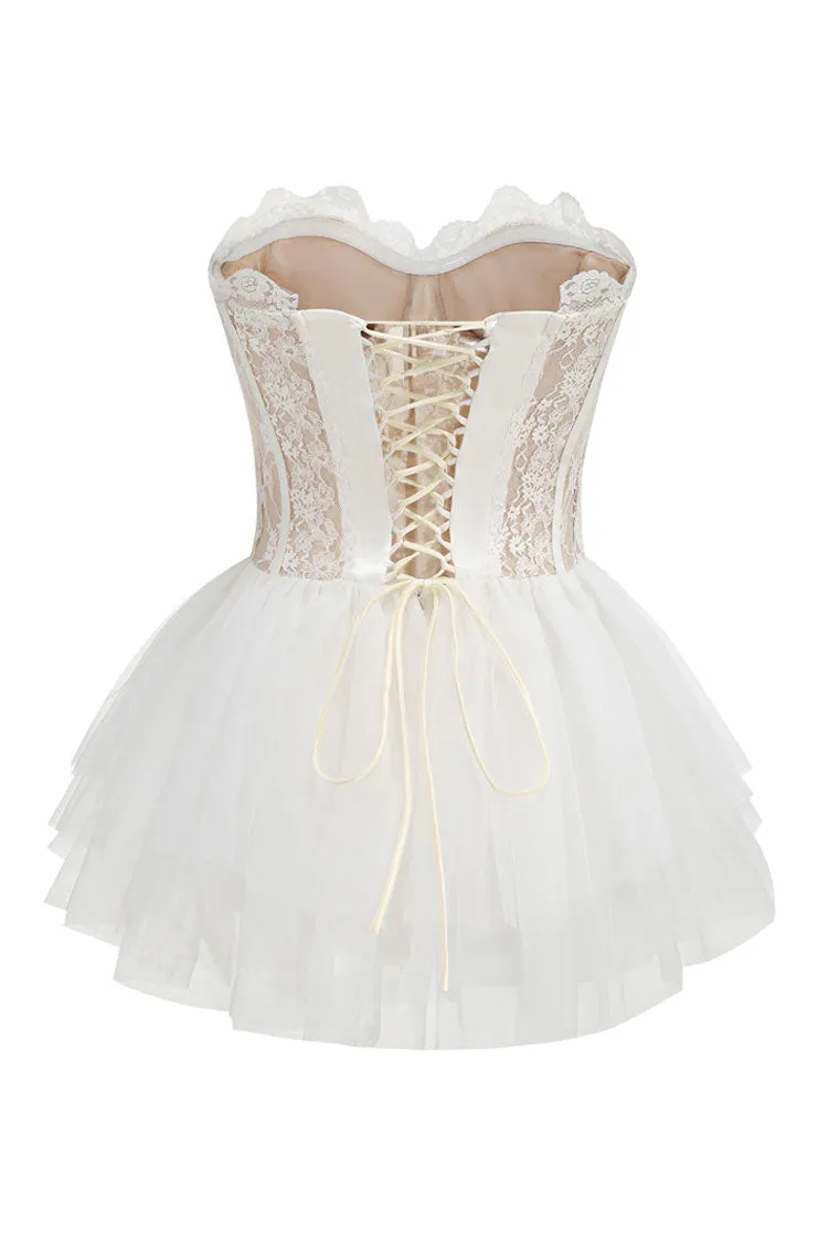 Sexy Bustier Strapless Laced Corset Tiered Ruffle Tulle Party Micro Mini Dress