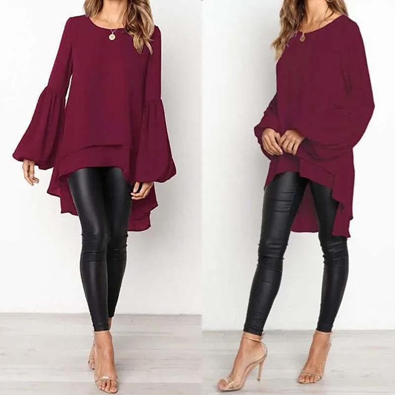 Sexy For Me - Lantern Sleeve Asymmetrical Blouse